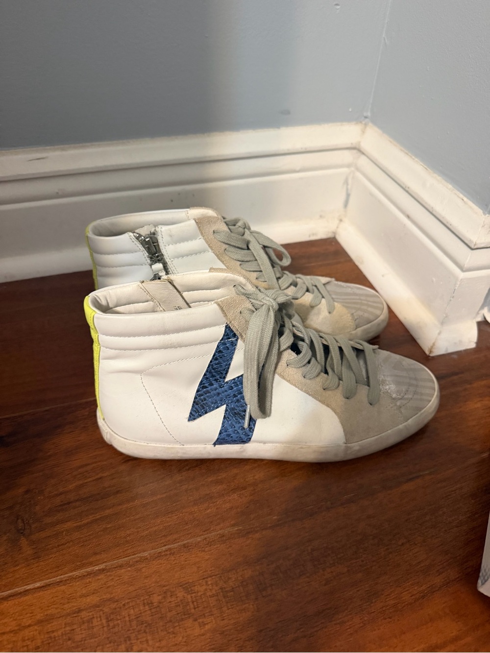 Sam Edelman White High-Top Sneakers with Blue Lightning and Yellow Heel Tab